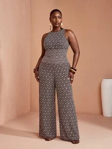 JIAN LASALA Jumpsuit nữ size lớn ống rộng không tay vải lưới in toàn thân phong cách Boho thanh lịch cho mùa hè, đi biển và du lịch - Nhiều màu - Xem 4