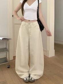 DAZY Quần jeans nữ thời trang dáng rộng có túi cài nút - Màu be - Xem 6