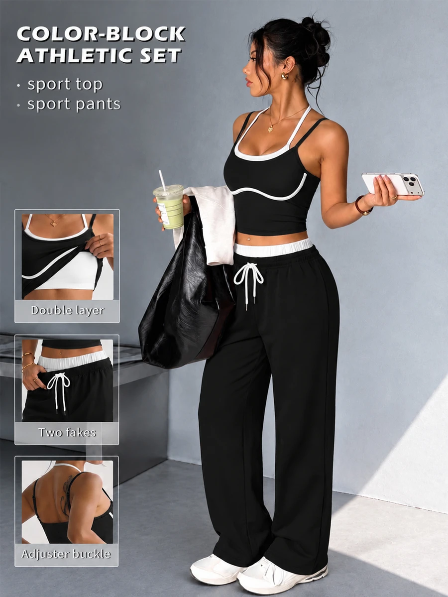 valorelle valorelle 2PCS Women's Fall Sports Set, Colorblock 2 In 1 Neckline Spaghetti Strap Halter Neck Sleeveless Top, Straight Leg Pants, Sporty Athleisure - Multicolor - View 1