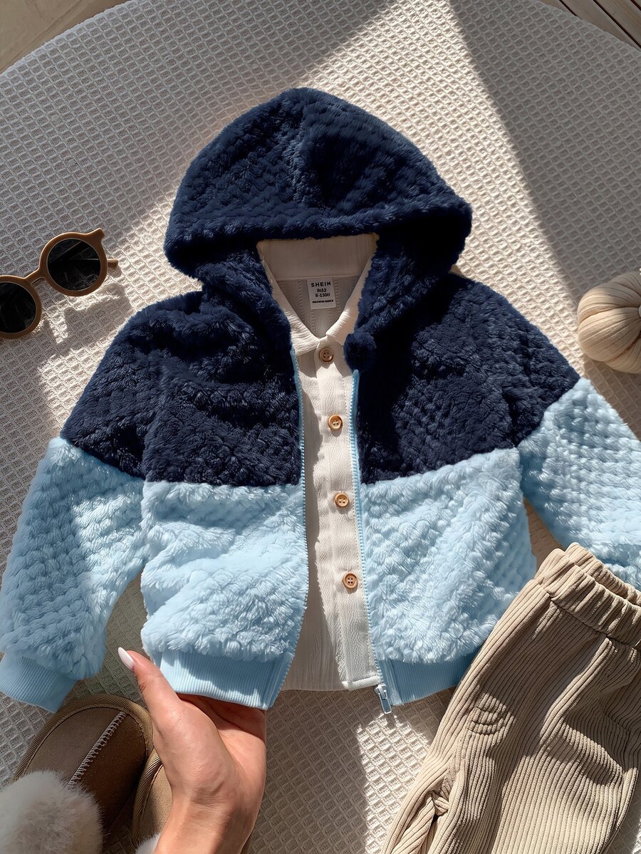 SHEIN 中性嬰兒男/女嬰秋冬保暖內裡加厚拼色拼接連帽外套,嬰兒男童秋冬服飾,復古風 - 藍色 - 查看 1