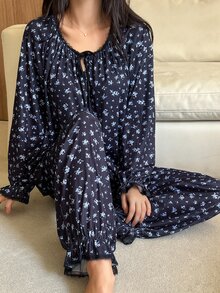 DAZY Women's Ditsy Floral Front Tie Long Sleeve Top And Pants Pajama Set - Beige - View 6