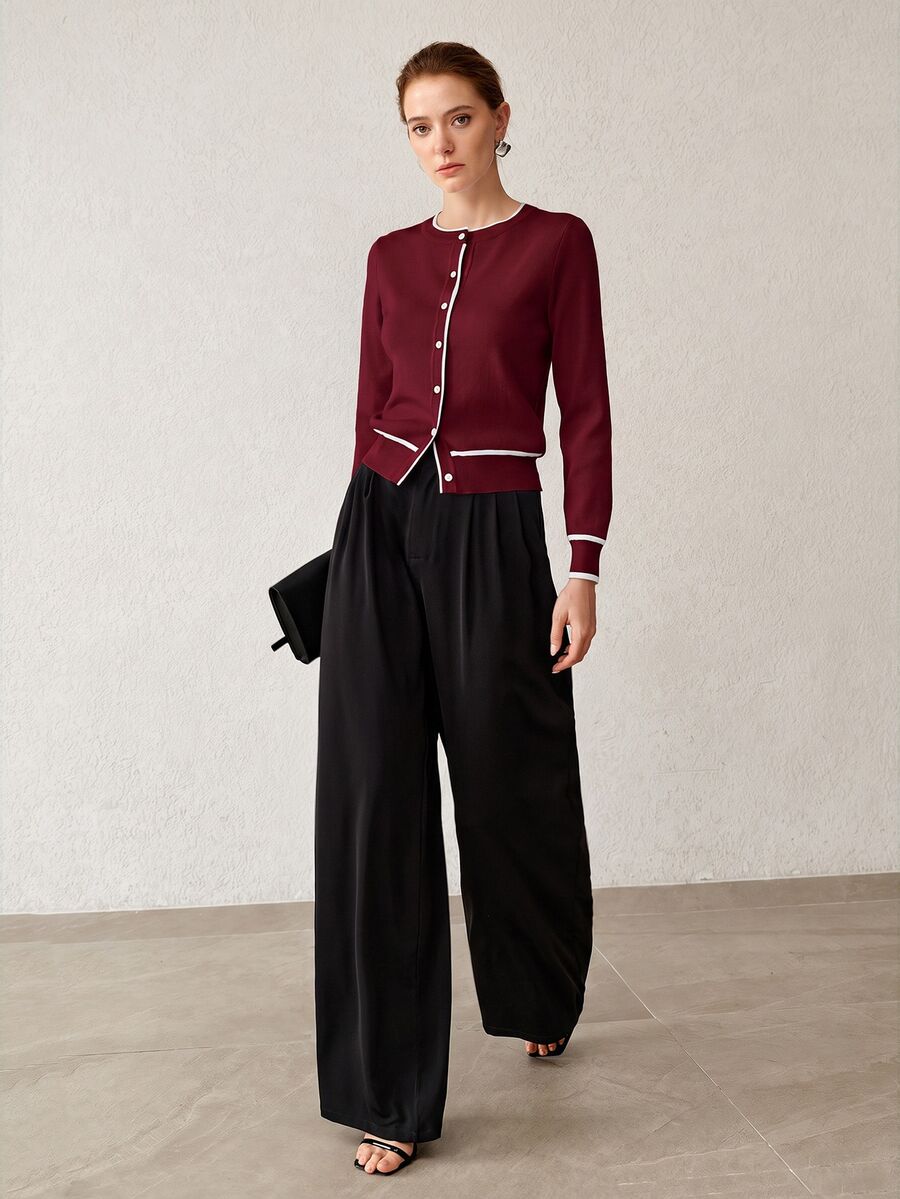 MOTF PREMIUM WOMEN'S AUTUMN/WINTER CONTRAST TRIM SINGLE-BREASTED LIGHTWEIGHT KNIT CARDIGAN - Red Violet - View 1