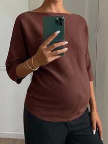 Dazy Maternity 寬鬆素色休閒短袖日常穿著初秋孕婦針織衫 - 棕色 - 查看 6