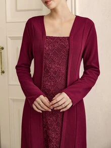 Graceveil Autumn/Winter Burgundy Lace Patchwork Long Sleeve Elegant Long Dress For Wedding And Evening Party - Burgundy - View 5