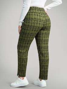 Comfylo 大尺碼女款格紋休閒長褲，附口袋與側開衩，適合度假、新年、冬季、商務、秋季返校 - 軍綠色 - 查看 3