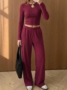 SHEIN EZwear 米色針織女款圓領長袖T恤與長褲套裝，居家旅行秋季休閒 - 酒紅色 - 查看 8