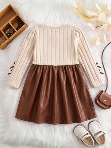 SHEIN Cute Knitted Bowknot Colorblock Long Sleeve Dress For Baby Girls - Khaki - View 2