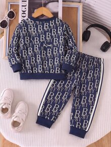 2Pcs Young Boys Sweatshirt Set, All-Over Letter Digital Print Crew Neck Long Sleeve Top & Sweatpants, Dark Brown, Autumn Winter Casual Outfit - Multicolor - View 4