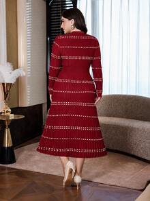 Modelyn Plus Size Women's Colorblock Casual Everyday Knit Dress - Burgundy - View 2