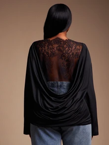 SHEIN SXY تي شيرت أسود محبوك بتفاصيل دانتيل متباين وظهر شفاف مكشوف بقصة فضفاضة - الأسود - مشاهدة 2