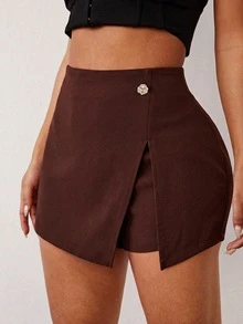 SHEIN SXY تنورة قصيرة نسائية بلون موحد كاجوال متعددة الاستخدامات للاستخدام اليومي - قهوة بني - مشاهدة 5