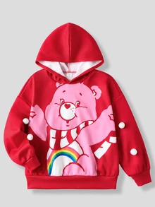 SHEIN X Care Bears 1件少女休閒百搭紅色卡通熊圖案連帽寬鬆長袖衛衣，適合日常穿著、室內、運動、拍照、假期、生日、聖誕節，秋冬適用 - 紅色 - 查看 8