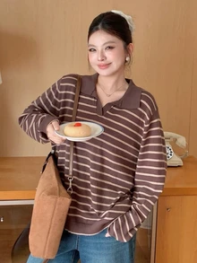 Dazy Plus Korean Style Colorblock Patchwork Preppy Versatile Brown Pullover Sweater, New Autumn/Winter - Brown - View 4