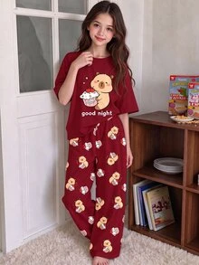 青少年女孩水豚印花上衣與寬鬆長褲居家睡衣套裝 - 彩色 - 查看 1