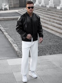 Manfinity CasualCool 男士成熟休閒純黑色皮夾克，假期送禮最佳選擇 - 黑色 - 查看 4