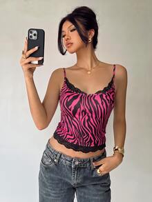 Aloruh 女款性感Y2K蕾絲拼接細肩帶背心，桃紅色斑馬紋澀谷女孩圖案，女款通勤穿搭，基礎上衣，外出穿搭，機場穿搭，畢業典禮穿搭，新年穿搭 - 白色 - 查看 6