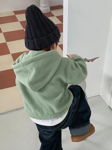 DAZY 幼兒男童連帽仿羊羔絨英文刺繡運動衫 - 綠色 - 查看 2