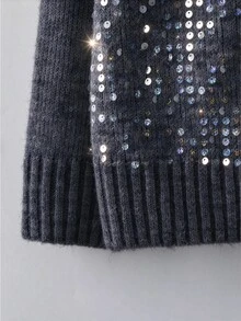 GlowEve CURVE Soft & Shiny Sequin V-Neck Cardigan, Cozy & Fashionable For Autumn/Winter - Grey - View 6