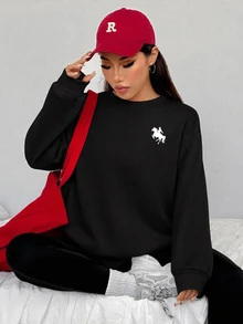 SHEIN EZwear 休閒寬鬆圓領運動衫與緊身內搭褲 2件套 - 黑色 - 查看 4