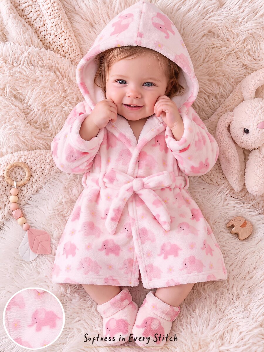 Cozy Pixies Jubah Mandi Bayi Perempuan Lengan Panjang Berkerudung dengan Tali Pengikat di Depan, Motif Gajah, Tebal, Cocok untuk Musim Dingin, Jubah Mandi Lembut Warna Pink untuk Anak Perempuan - Berwarna merah muda - View 1