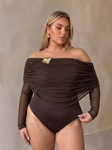 Auralis Plus Size Asymmetrical Shoulder Metal Buckle Decor Cinched Waist Long Sleeve Mesh High Elastic Brown Bodysuit/Elegant Party Winter - Brown - View 4