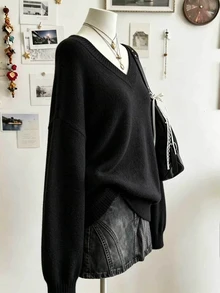 Collagica Collagica Plus Size Women's Solid Color V-Neck Long Sleeve Loose Casual Sweater, Autumn/Winter - Dark Grey - View 3