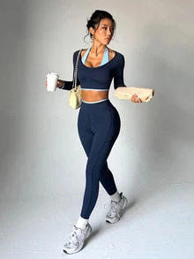 StreetHx Women's Cropped Long Sleeve Top And Leggings Sports Set - Multicolor - View 1
