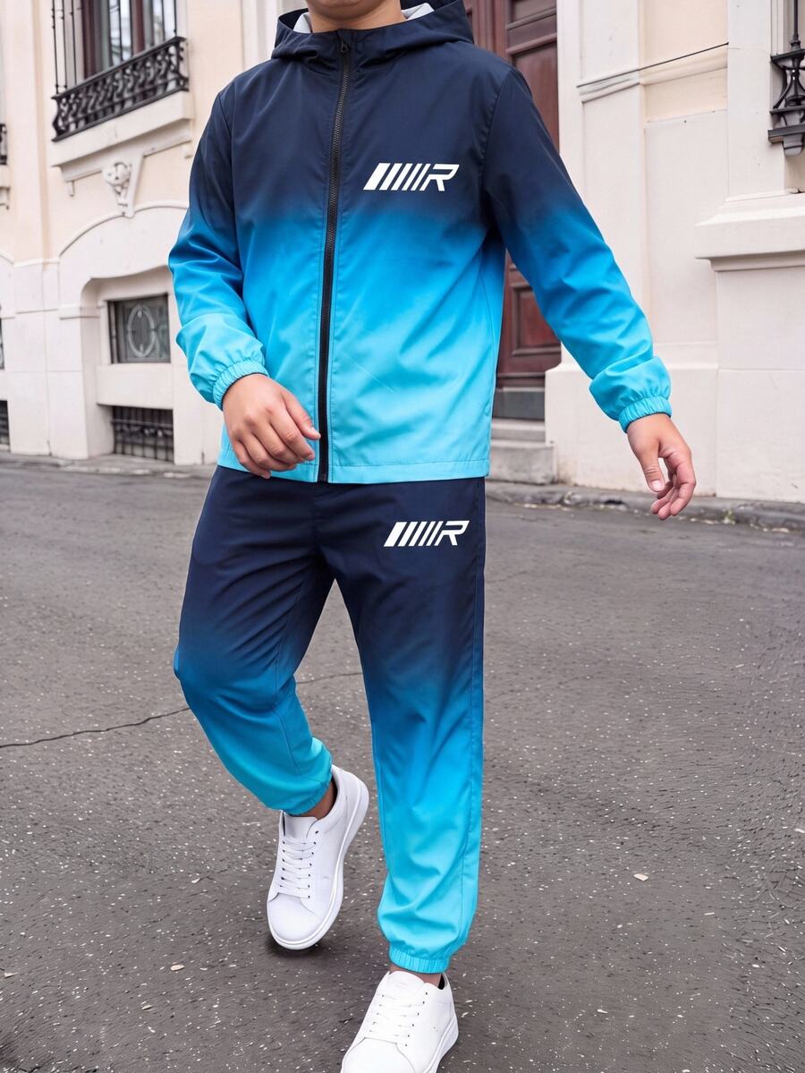 SHEIN KidsTweenBoy Casual Sports Splatter Gradient Pattern Hooded Jacket & Black Pants Set, Suitable For Fall/Winter, School, Family Gathering, Vacation, Party, FallOutfit, WinterOutfit, Boys Outfit Kids Set - Multicolor - View 1