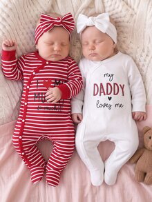 SHEIN Vintaside Kids 2套新生兒純色白色灰色連身衣居家秋冬可愛長袖圓領棉質條紋褲 2件組柔軟舒適室內家居服 - 彩色 - 查看 1