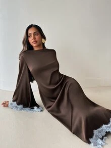 Aloruh 女款優雅蕾絲拼接收腰繫帶緞面棕色派對度假洋裝，女款優雅洋裝，聖誕派對洋裝，棕色洋裝 - 棕色 - 查看 4