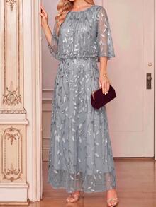 Amorya Women's Elegant Party Sequin Embroidered Mesh Mid-Length Dress - Light Grey - View 6