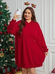 SHEIN CURVE+ فستان مقاس كبير مزين بالخرز مع بطانية رأس - الأحمر - مشاهدة 7