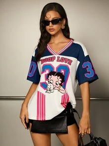 Betty Boop x SHEIN 女款條紋V領短袖休閒T恤 街頭風數字印花寬鬆棒球球衣上衣 豹紋印花秋季服飾 - 彩色 - 查看 8