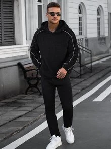 Manfinity CasualCool 男士休閒時尚運動寬鬆抓絨連帽衛衣，外出必備，羅紋設計，適合家庭與男友 - 黑色 - 查看 4
