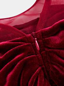 Pitira Tween Girl Tween Girls Tween Girl Kids Dresses Elegant Burgundy Velvet Bow Cold Shoulder Mini Autumn Dress, Christmas, Glamorous Party - Burgundy - View 5