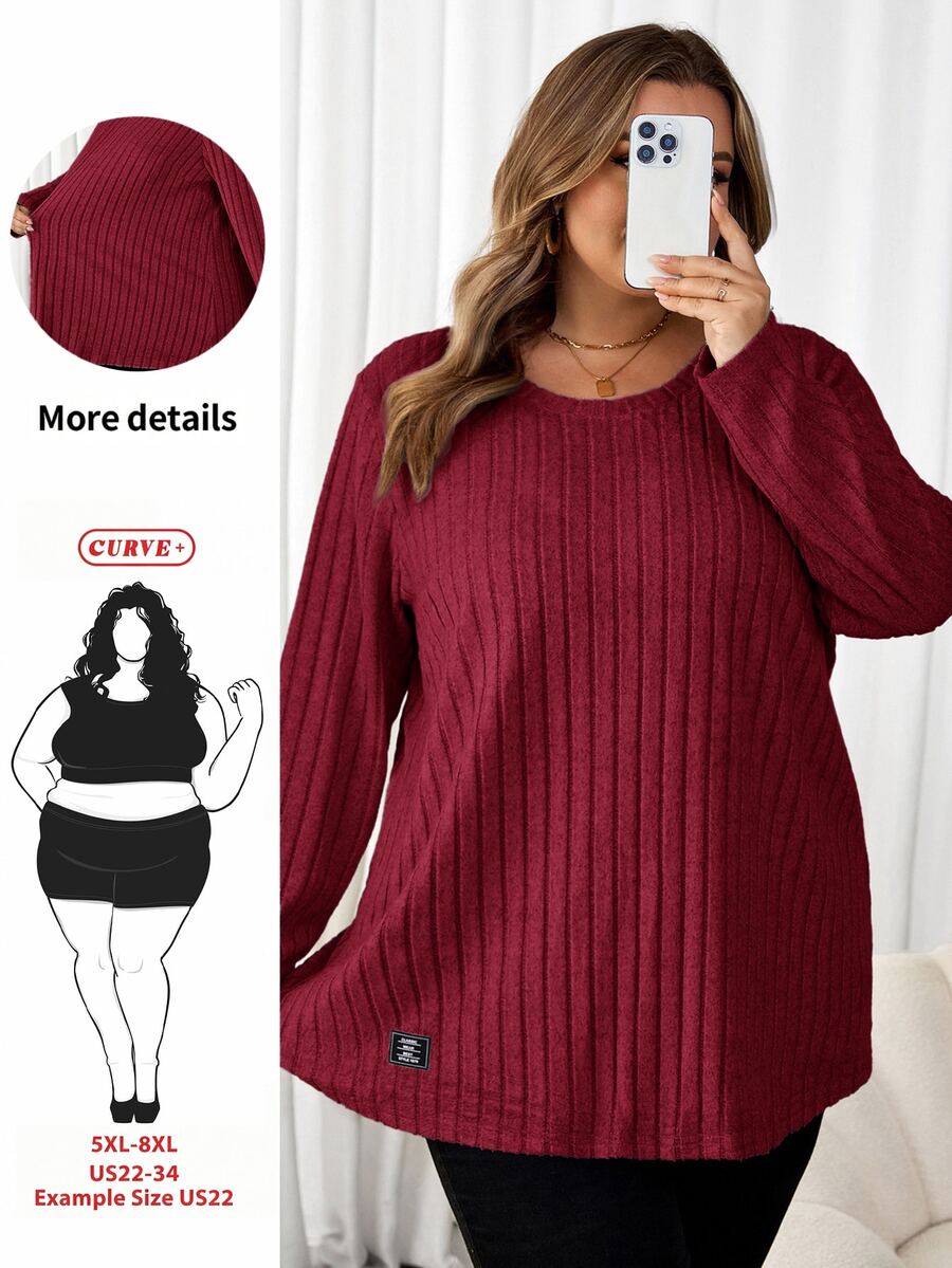 SHEIN CURVE+ تي شيرت نسائي مقاس كبير بتفاصيل ختم الحروف المدمجة باللون الفيروزي للخريف - عنابي اللون - مشاهدة 1