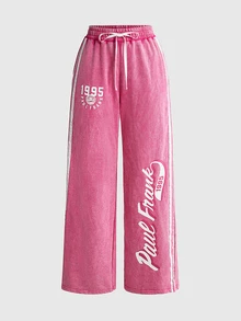 Paul Frank X ROMWE Distressed Wash Print Bikini Tank Top And Casual Loose Sweatpants 2 Pieces Set For Women, Autumn/Winter - Hot Pink - View 7