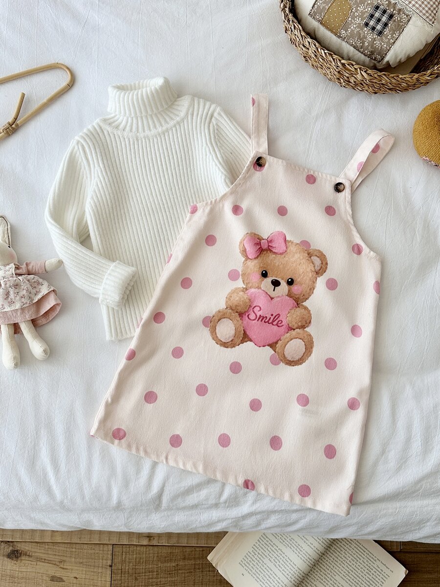 SHEIN فستان كاجوال يومي بنقشة كرتونية منقطة للفتيات الصغيرات - لون مشمشي - مشاهدة 1