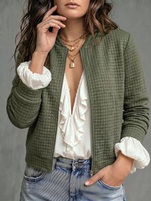 NostaNoir 休閒縫線格紋前開拉鍊夾克，大尺碼女款秋冬外套 - 軍綠色 - 查看 3