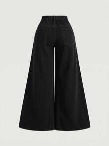 SHEIN MOD 大尺碼女款口袋寬腿鬆垮休閒百搭牛仔褲 - 黑色 - 查看 2