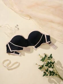 SHEIN 黑色鋼圈模杯聚攏無肩帶抹胸內衣，極簡日常女款內衣 - 黑色 - 查看 2