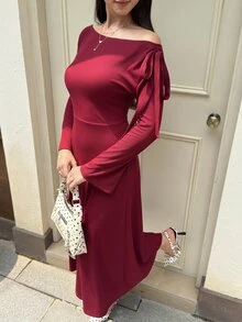 MainGRL Women's Red Knitted Off-Shoulder Long Casual Versatile Sweet And Spicy Sleeve Long Dress - Red - View 3