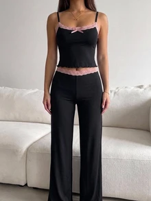 Livesso 女款蕾絲拼接細肩帶背心與長褲睡衣套裝 - 黑色 - 查看 7