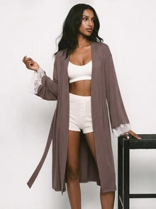 Livesso Women's Contrast Lace Cuff & Waist Tie Nightgown - Coffee Brown - View 4