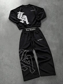 STYNVO Men's Letter Print Long Sleeve Sweatshirt And Double Waist Drawstring Pants Set - Black - View 1