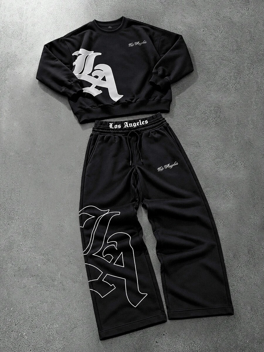 STYNVO Men's Letter Print Long Sleeve Sweatshirt And Double Waist Drawstring Pants Set - Black - View 1