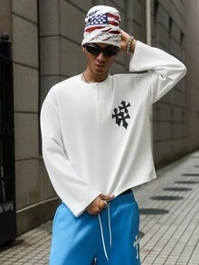 Major Grit Men's Waffle Knit Open Front Button Cross Print Textured Long Sleeve - White - View 4
