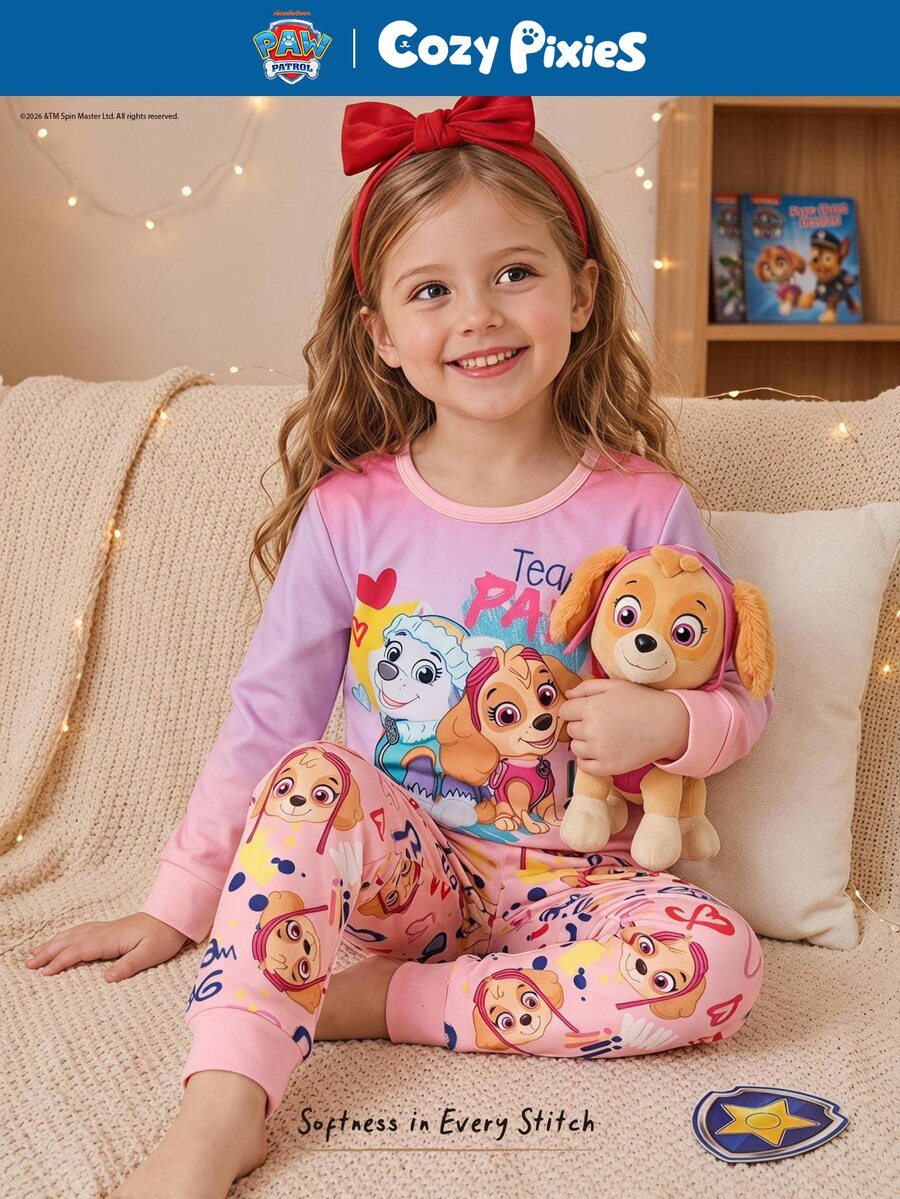 Cozy Pixies | PAW Patrol Girls Cute Comfortable Versatile Cartoon Print Long Sleeve Top And Long Pants Set, Fitted Pajama Set - Multicolor - View 1
