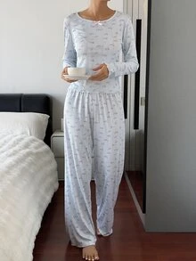 Livesso Women's Floral Bow Decor Long Sleeve Top And Pants Pajama Set - Blue - View 6