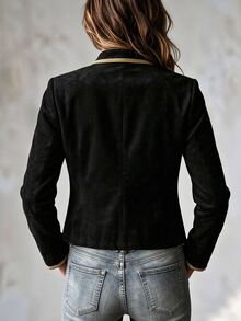 SHEIN European And American Casual Jacket With Gold Lace Patchwork, Button Decoration, Long Sleeve - Black - View 2
